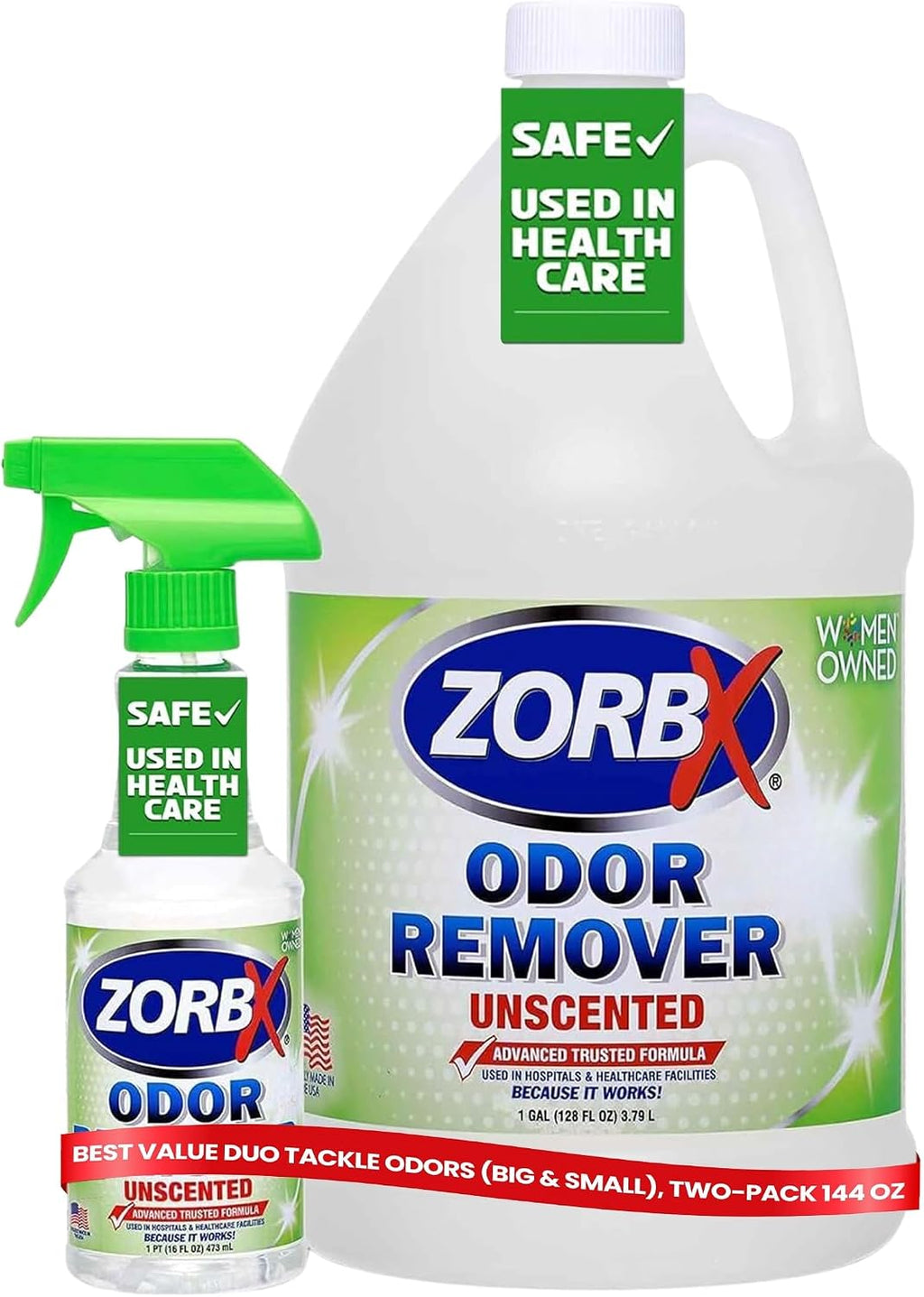 ZORBX Unscented Odor Remover Set, 16+128 Oz Refill, Hospital-Grade