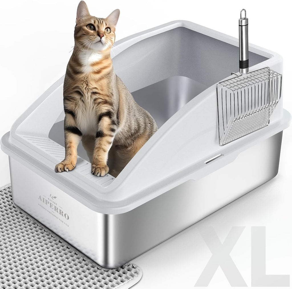 AIPERRO Stainless Steel Litter Box | XL Enclosed Cat Litter Boxes with Lid