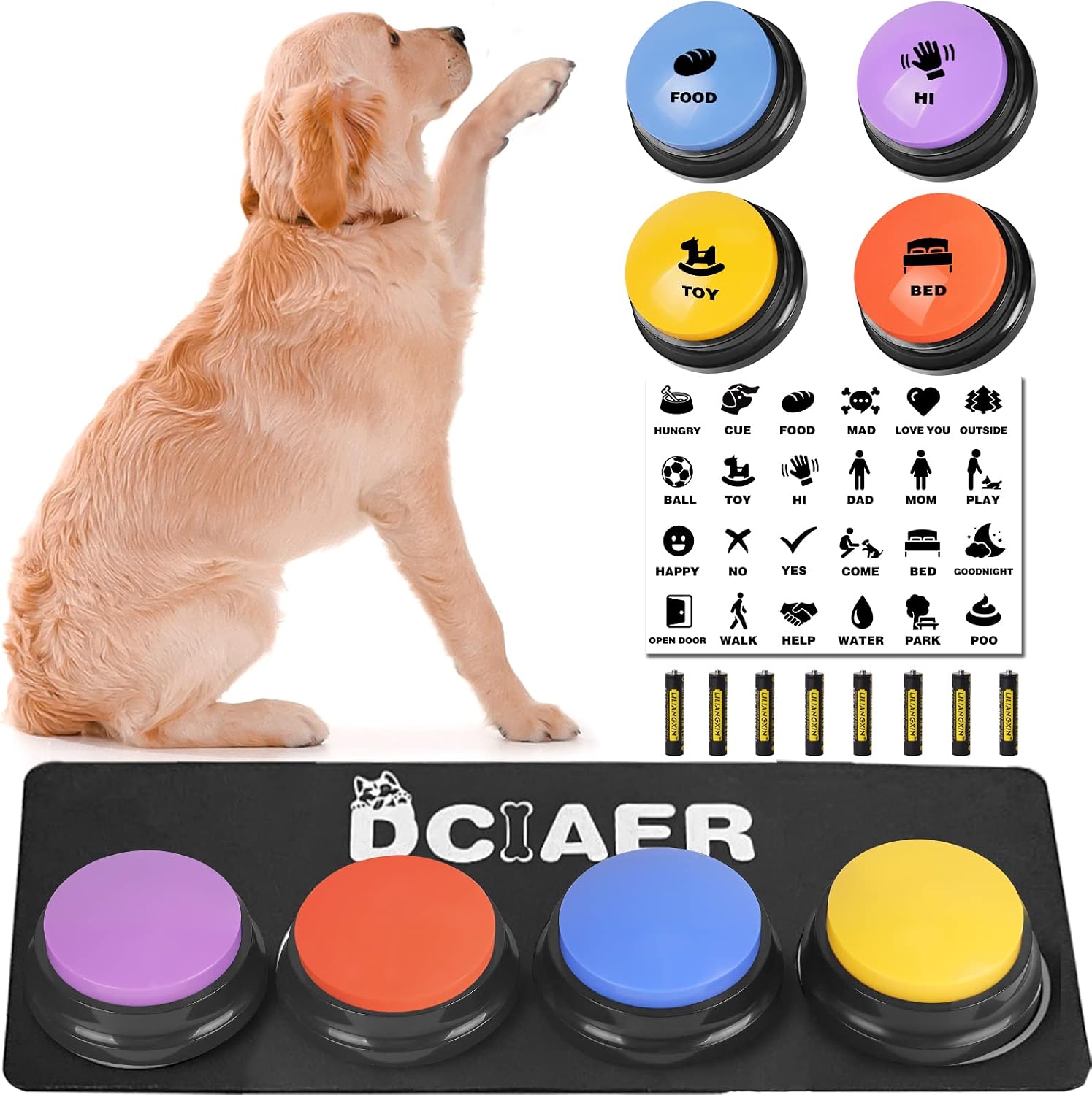 Dog Buttons for Communication,Talking Buttons for Dogs,8 Recordable Sound Buttons + 24 Scene Patterns + 1 Dog Button Mat+ 16 AAA Batteries，30 Seconds Dog Buttons for Pet Sound Training Toy