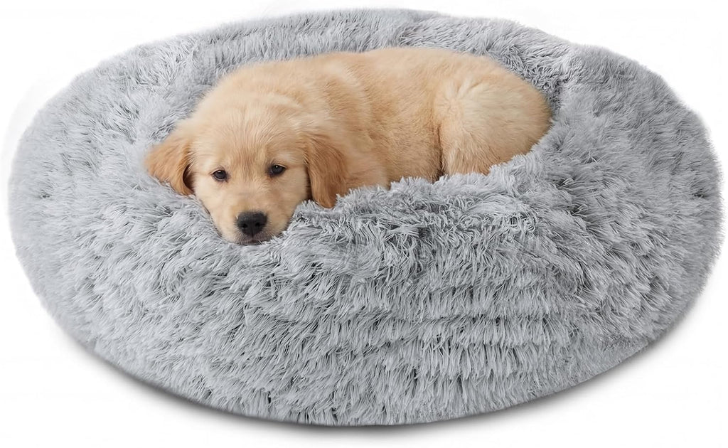 JOLLYVOGUE Calming Dog Bed Medium Size Dog, 31in Donut Washable Medium Pet Bed, Anti-Slip & Anti-Anxiety Fluffy Faux Fur Round Dogs Bed, Fits up to 45 lbs Pets (Smoke Grey)