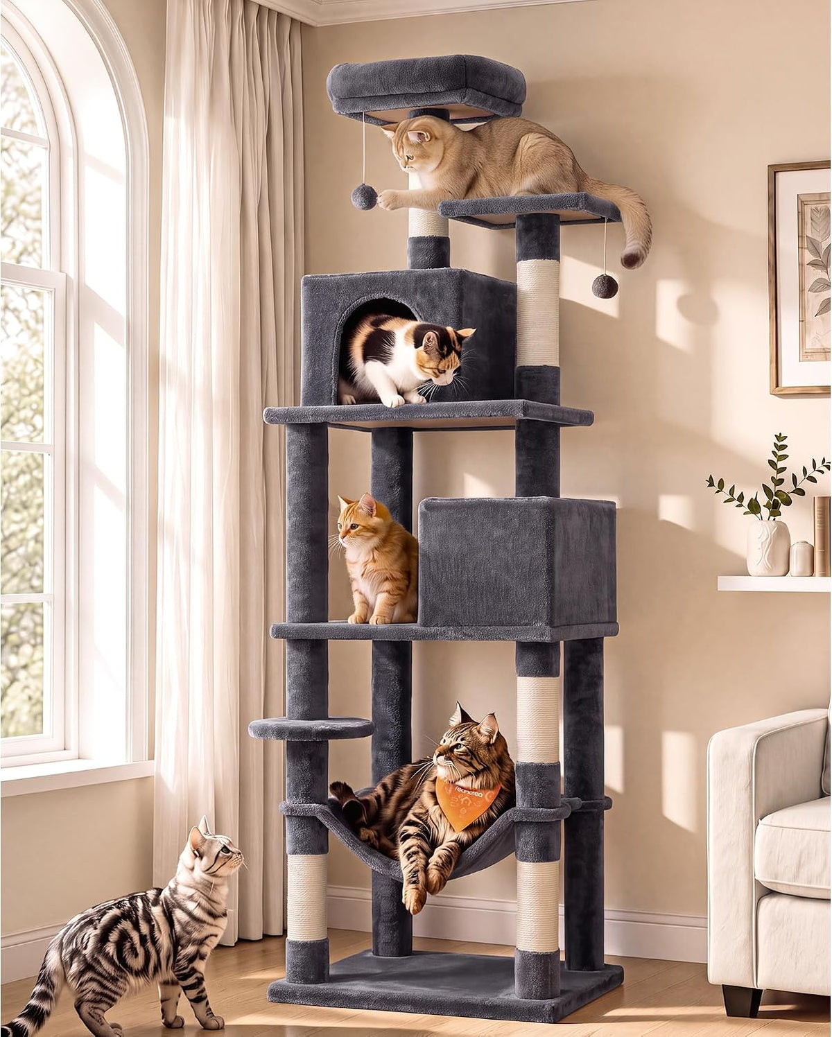 Feandrea Cat Tree, 59.5-Inch Tall Cat Tower, Multi-Level Condo, Light Gray