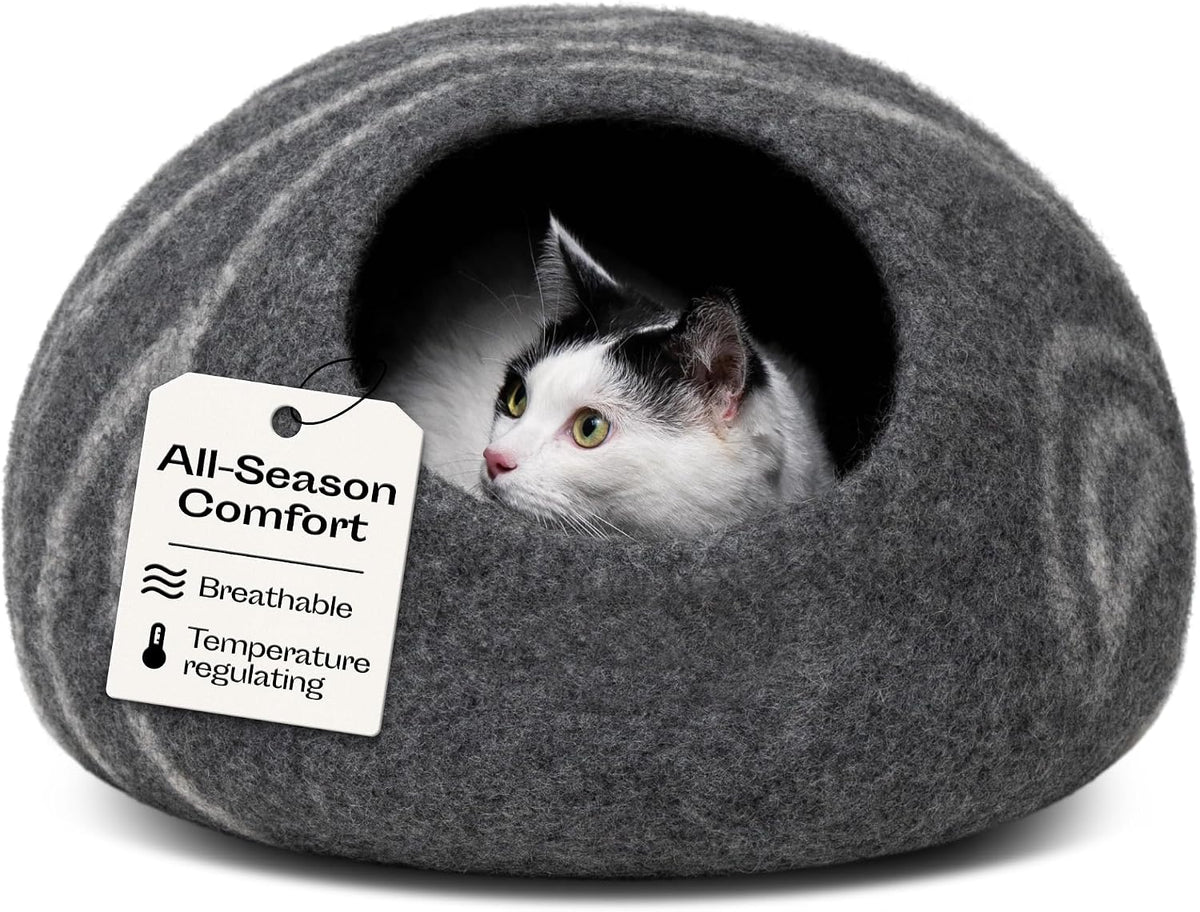Cat Cave - Merino Wool Bed for Indoor Cats (Light Gray, Medium)