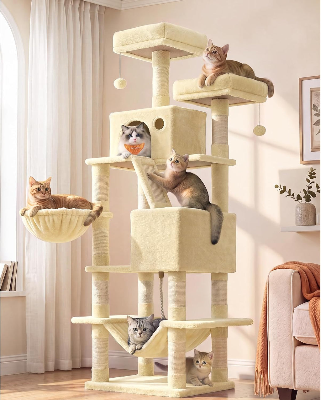 Feandrea Cat Tree, 81.1-Inch Large Cat Tower, Multi-Level Condo, Smoky Gray