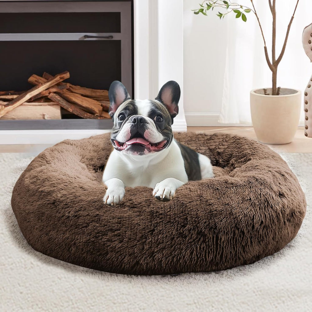 JOLLYVOGUE Calming Dog Bed Medium Size Dog, 31in Donut Washable Medium Pet Bed, Anti-Slip & Anti-Anxiety Fluffy Faux Fur Round Dogs Bed, Fits up to 45 lbs Pets (Smoke Grey)