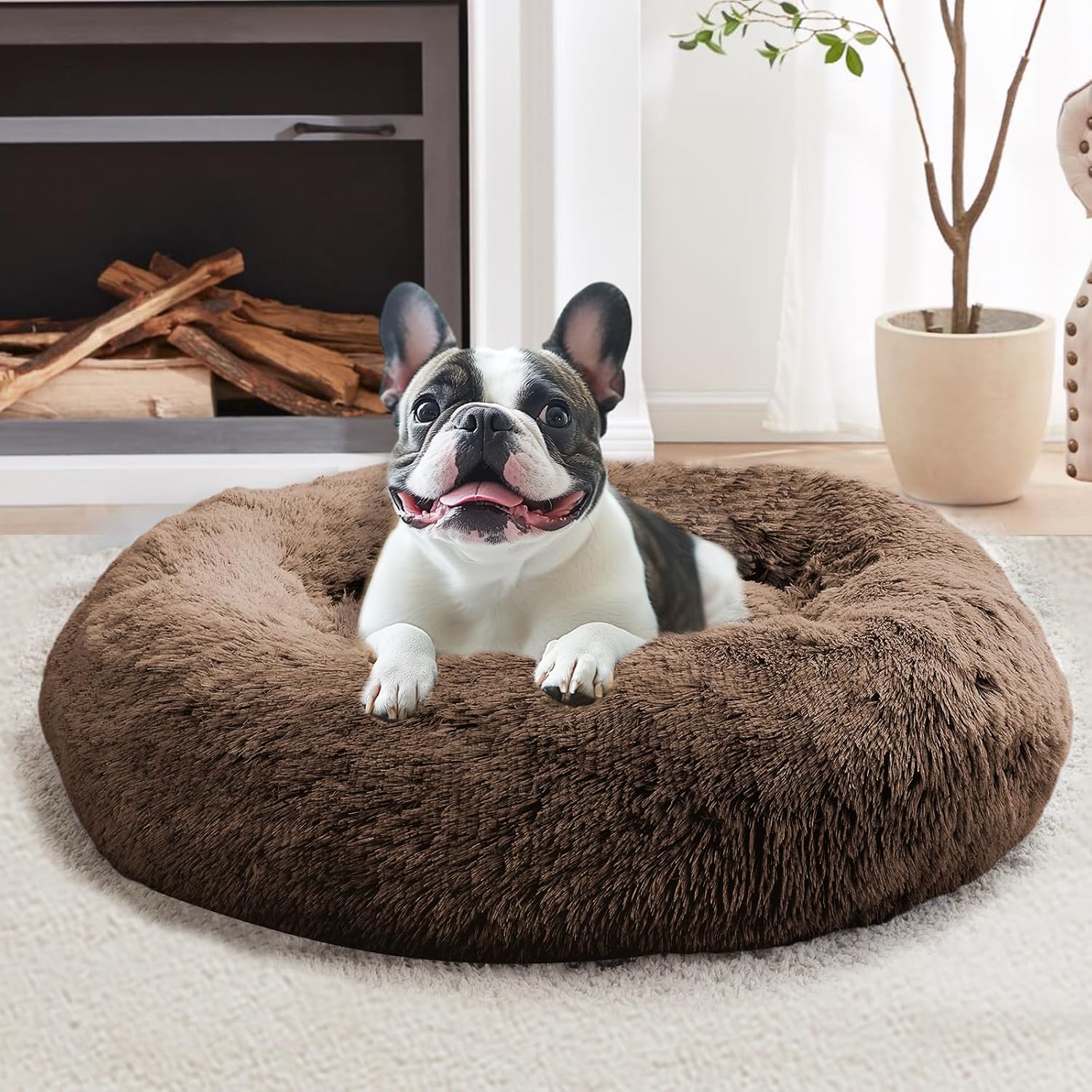 JOLLYVOGUE Calming Dog Bed Medium Size Dog, 31in Donut Washable Medium Pet Bed, Anti-Slip & Anti-Anxiety Fluffy Faux Fur Round Dogs Bed, Fits up to 45 lbs Pets (Smoke Grey)