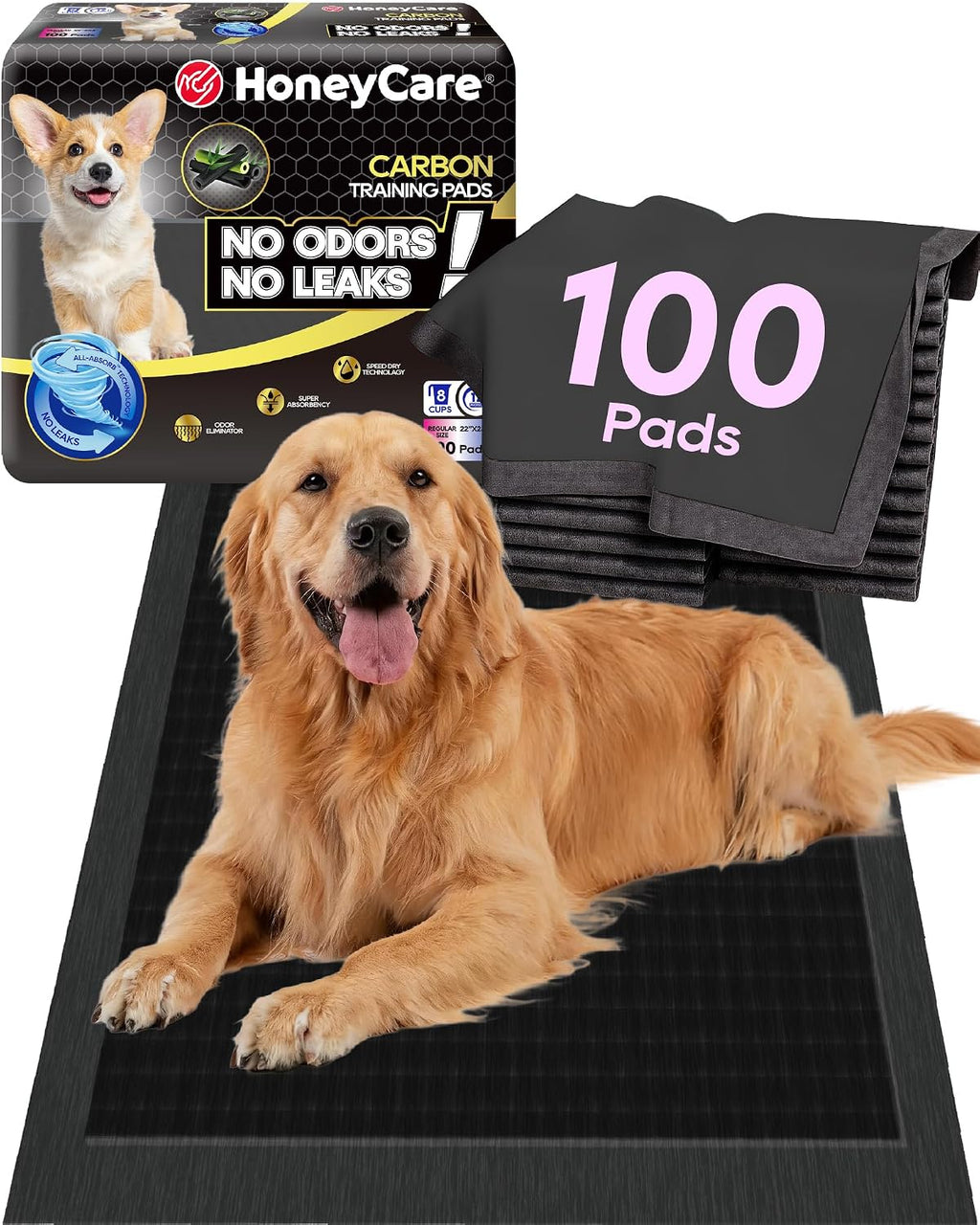 HONEY CARE All-Absorb Puppy Training Pads | Doggie Potty Pads Absorb Eliminating Urine Odor, Ultra Charcoal Dog Pee Pad (Carbon, L 22x23 inch, 100ct)