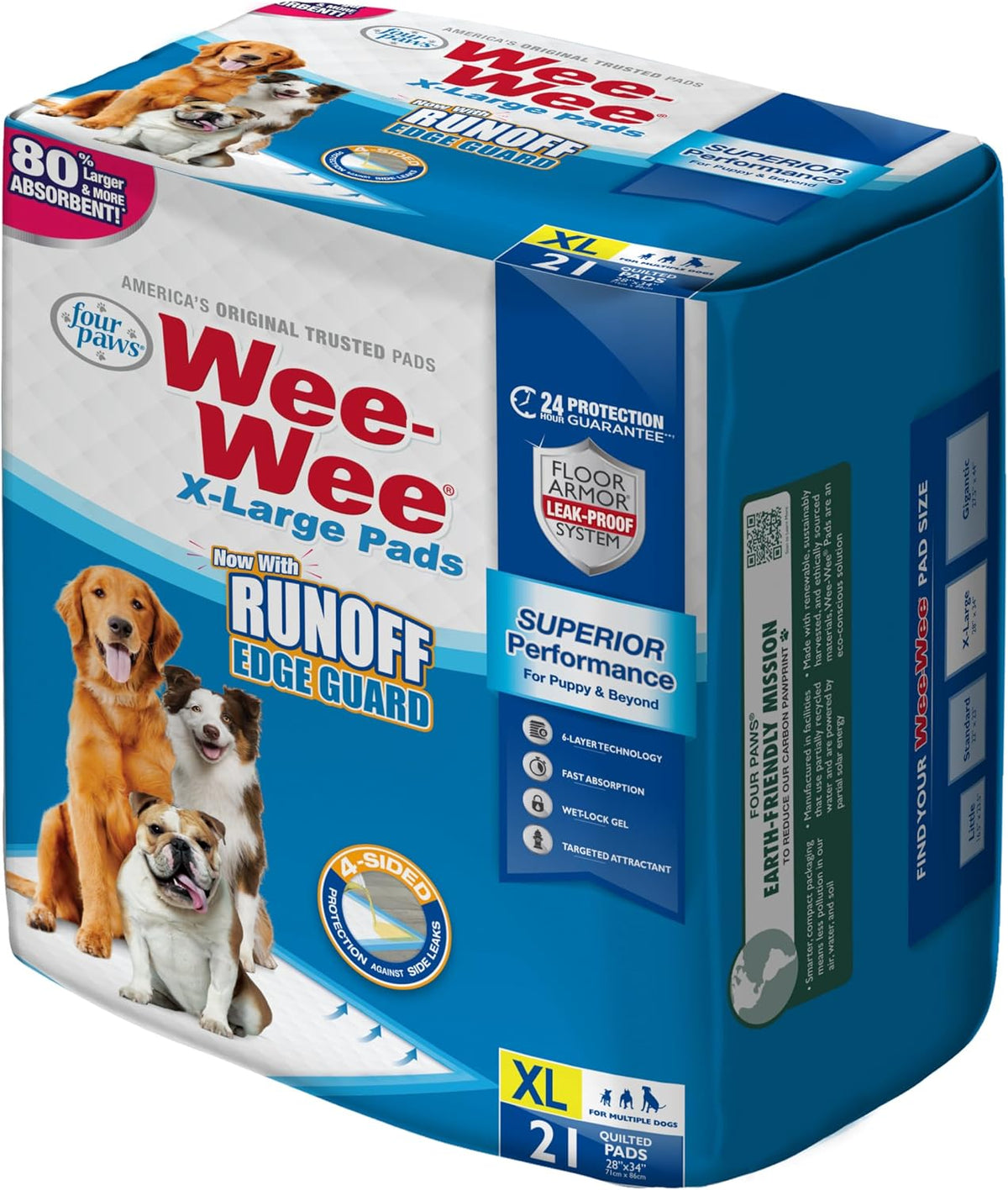 Four Paws Wee-Wee Superior Performance Extra Large Pee Pads for Dogs with Runoff Barrier Edge Guard Protection, Puppy & Dog Potty Training Pads, Housebreaking Supplies, 28" x 34" (40Count)