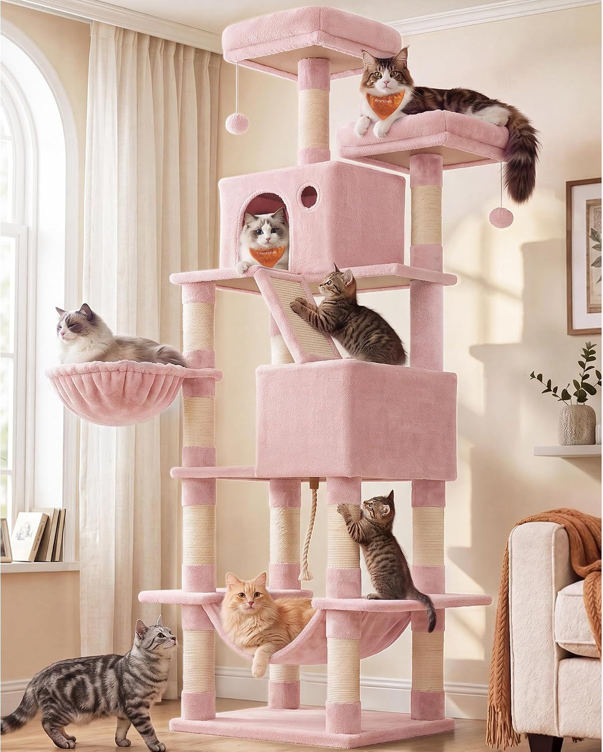 Feandrea Cat Tree, 81.1-Inch Large Cat Tower, Multi-Level Condo, Smoky Gray