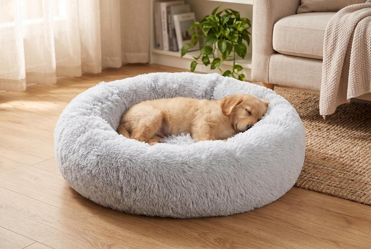 54 inches Calming Donut Dog Bed - 3X Durable Plush Faux Fur, Machine Washable & Non-Slip, Fits up to 210 lbs, Removable Cover, Dark Grey