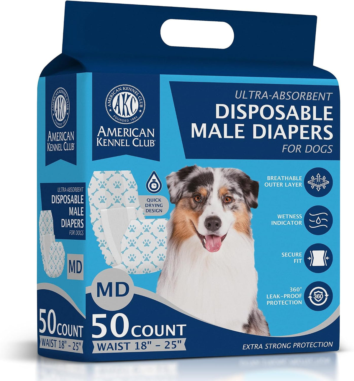 American Kennel Club Male Dog Wrap, Disposable Diapers with Wetness Indicator, Small, 50 Count