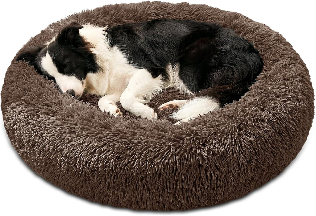 JOLLYVOGUE Calming Dog Bed Medium Size Dog, 31in Donut Washable Medium Pet Bed, Anti-Slip & Anti-Anxiety Fluffy Faux Fur Round Dogs Bed, Fits up to 45 lbs Pets (Smoke Grey)