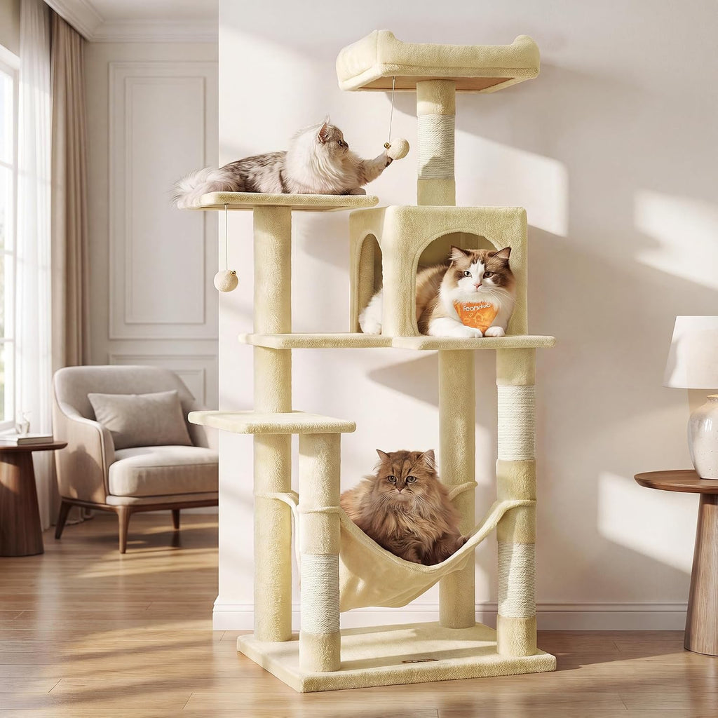 Feandrea Cat Tree, 59.5-Inch Tall Cat Tower, Multi-Level Condo, Light Gray