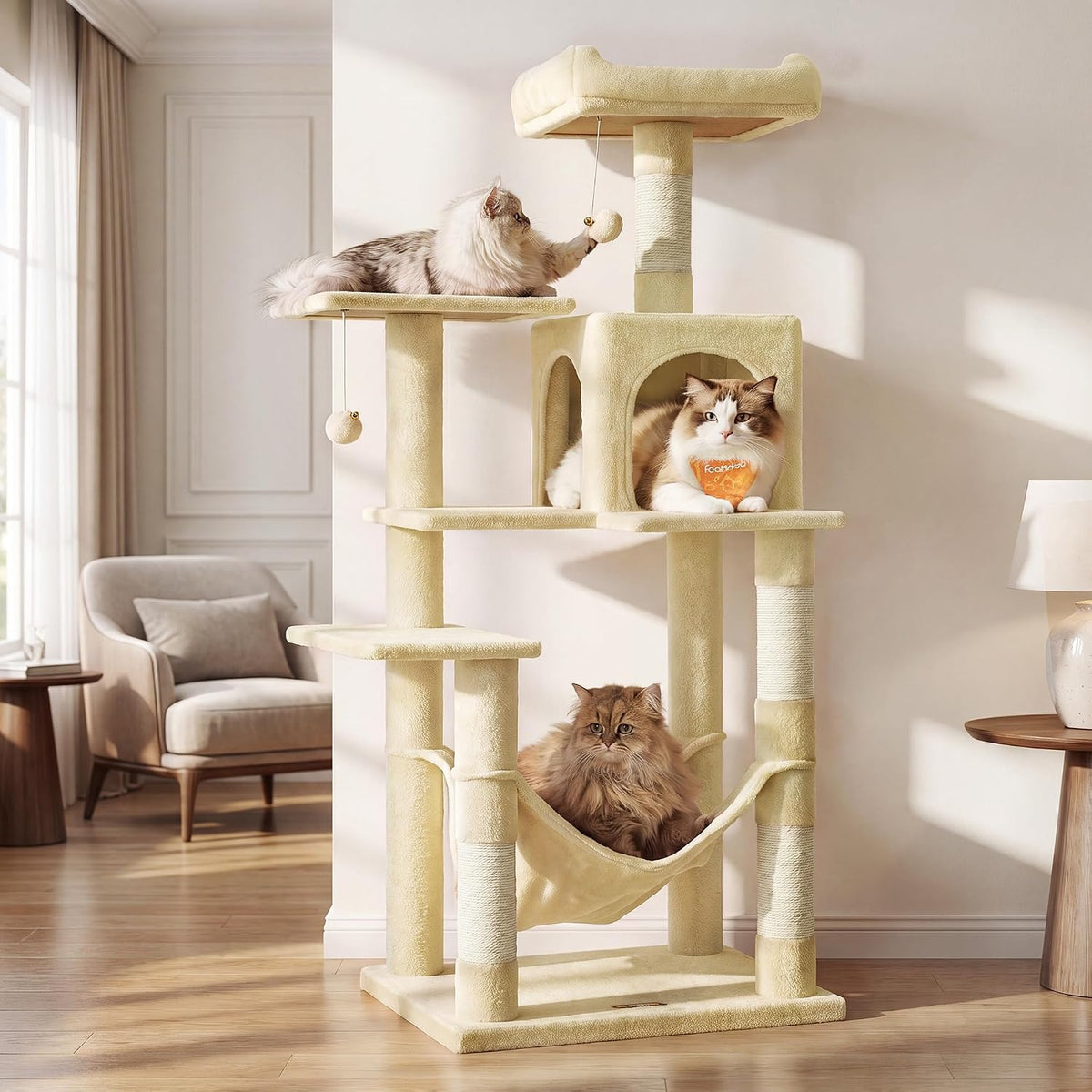 Feandrea Cat Tree, 59.5-Inch Tall Cat Tower, Multi-Level Condo, Light Gray