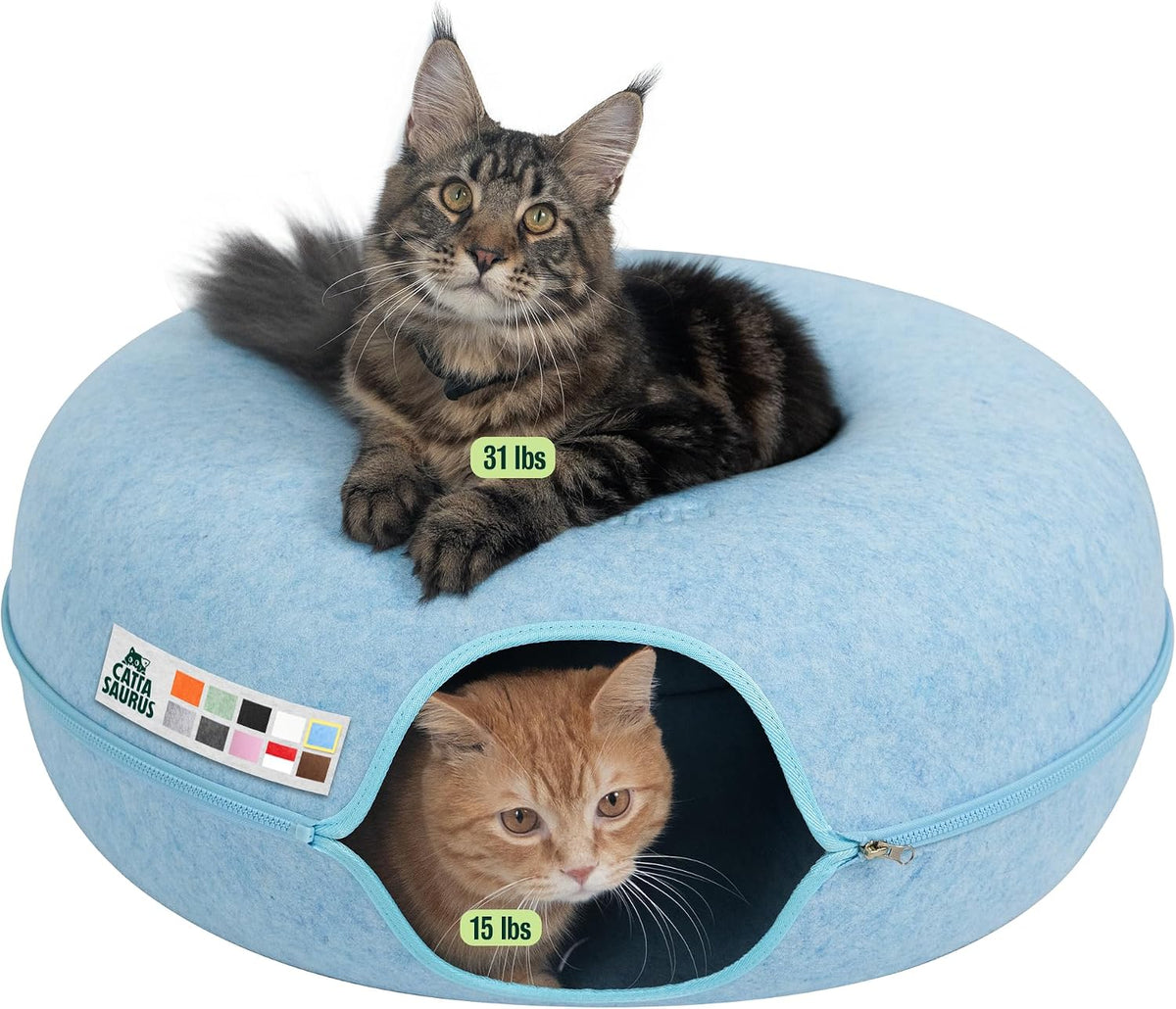 Peekaboo Cat Cave Donut for Multiple & Large Cats up to 30-45 lbs, 3-in-1 Self Warming Cat Bed, Tunnel & Scratcher for Indoor Cats, Washable & Detachable Small Dog Bed (Light Gray, Jumbo)
