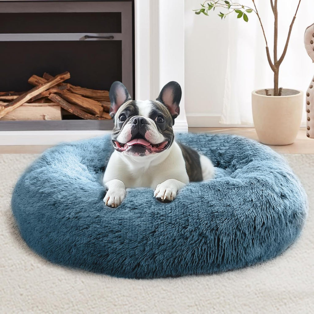 JOLLYVOGUE Calming Dog Bed Medium Size Dog, 31in Donut Washable Medium Pet Bed, Anti-Slip & Anti-Anxiety Fluffy Faux Fur Round Dogs Bed, Fits up to 45 lbs Pets (Smoke Grey)