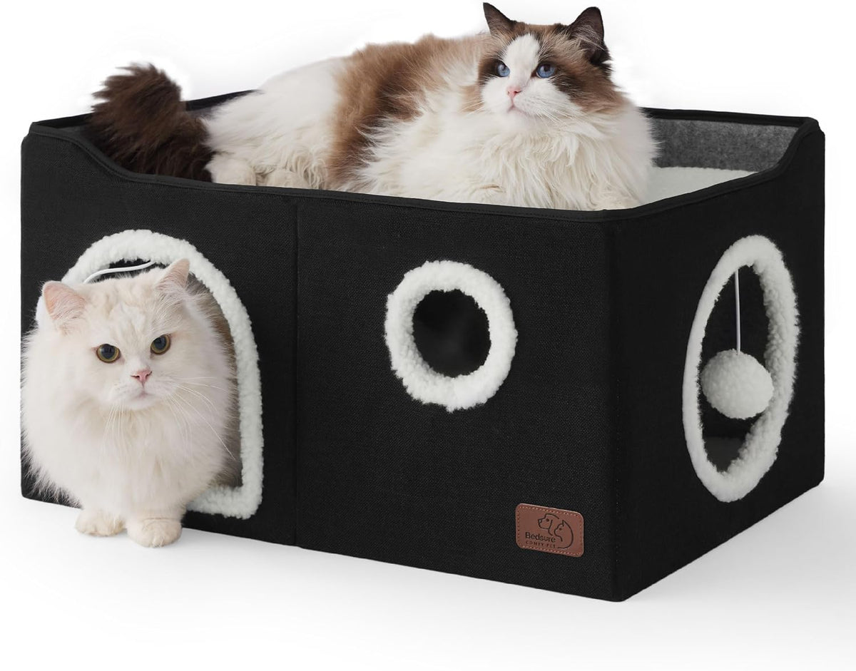 Bedsure Cat House Bed for Indoor Cats with Fluffy Ball and Scratch Pad,Grey