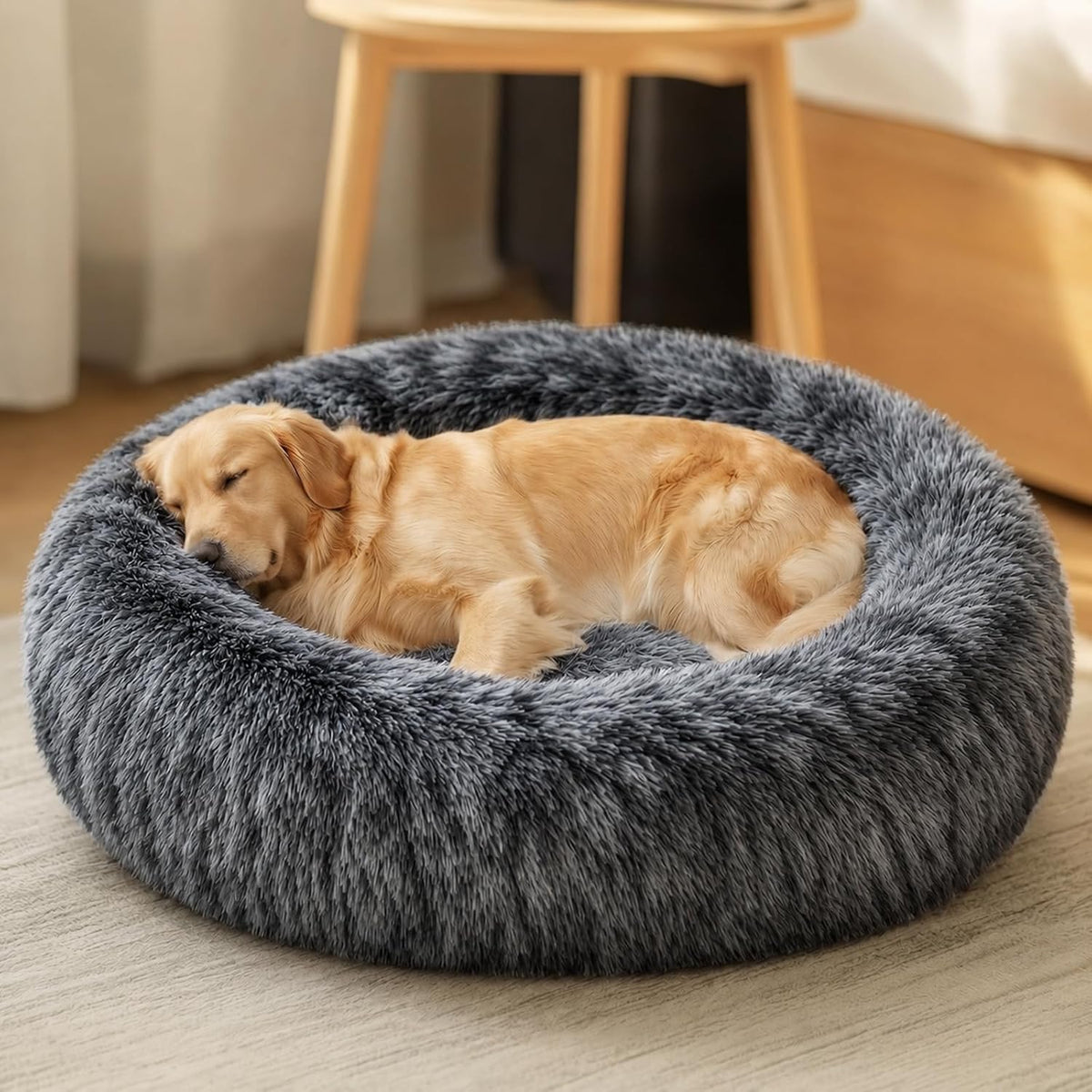 JOLLYVOGUE Calming Dog Bed Medium Size Dog, 31in Donut Washable Medium Pet Bed, Anti-Slip & Anti-Anxiety Fluffy Faux Fur Round Dogs Bed, Fits up to 45 lbs Pets (Smoke Grey)