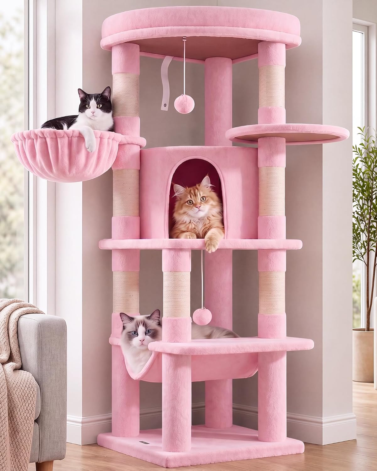 Globlazer 66inch Corner Cat Tree Tower for Indoor Large Cats, C66, Beige