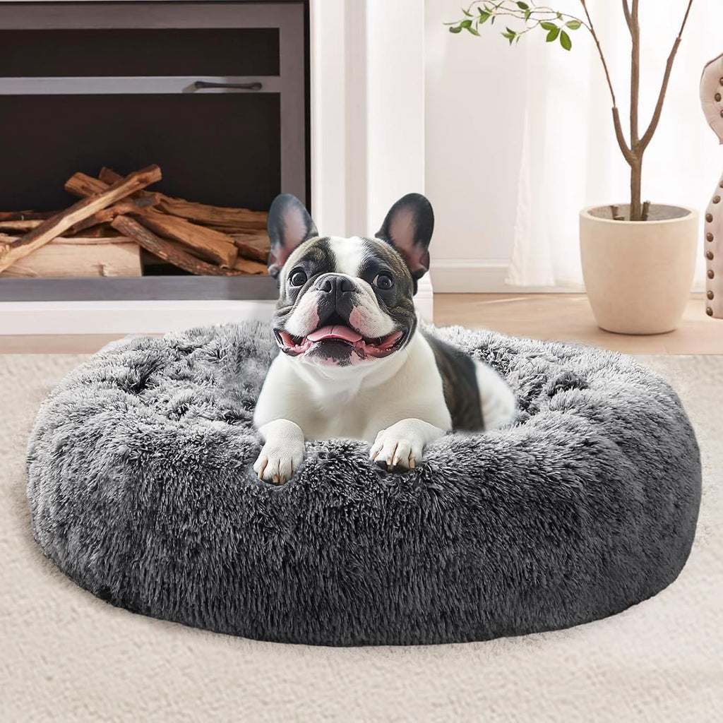 JOLLYVOGUE Calming Dog Bed Medium Size Dog, 31in Donut Washable Medium Pet Bed, Anti-Slip & Anti-Anxiety Fluffy Faux Fur Round Dogs Bed, Fits up to 45 lbs Pets (Smoke Grey)