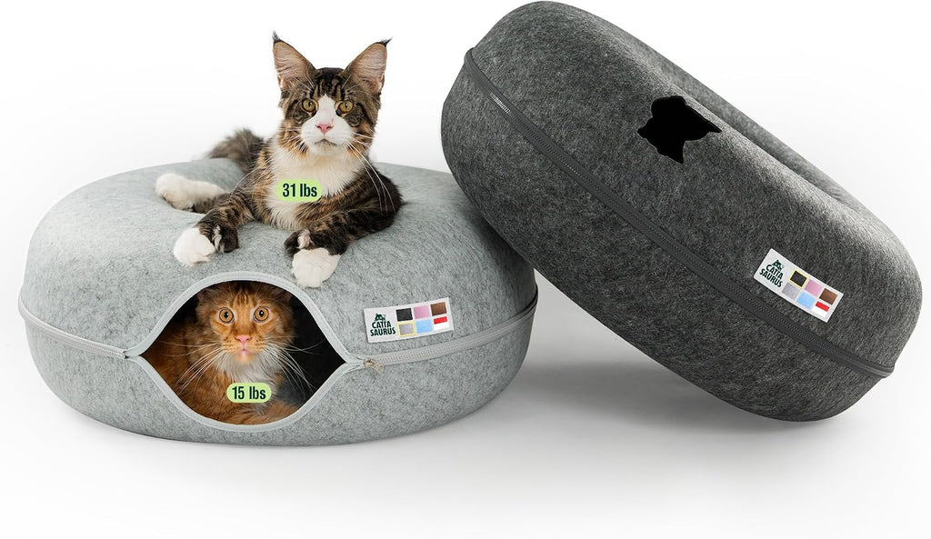 Peekaboo Cat Cave Donut for Multiple & Large Cats up to 30-45 lbs, 3-in-1 Self Warming Cat Bed, Tunnel & Scratcher for Indoor Cats, Washable & Detachable Small Dog Bed (Light Gray, Jumbo)