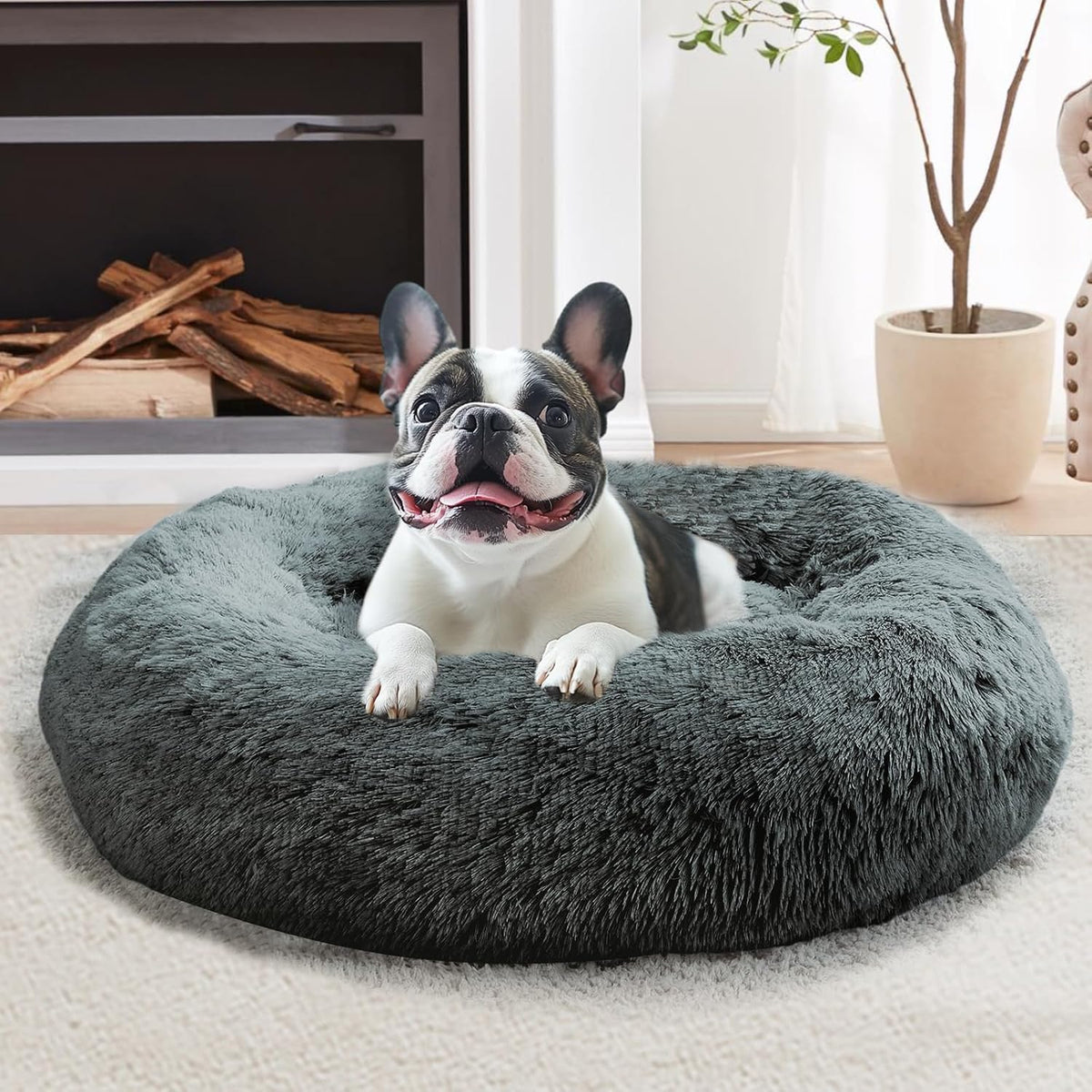 JOLLYVOGUE Calming Dog Bed Medium Size Dog, 31in Donut Washable Medium Pet Bed, Anti-Slip & Anti-Anxiety Fluffy Faux Fur Round Dogs Bed, Fits up to 45 lbs Pets (Smoke Grey)