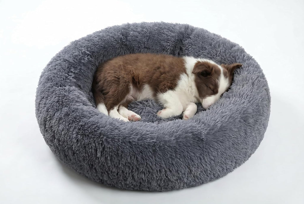 54 inches Calming Donut Dog Bed - 3X Durable Plush Faux Fur, Machine Washable & Non-Slip, Fits up to 210 lbs, Removable Cover, Dark Grey