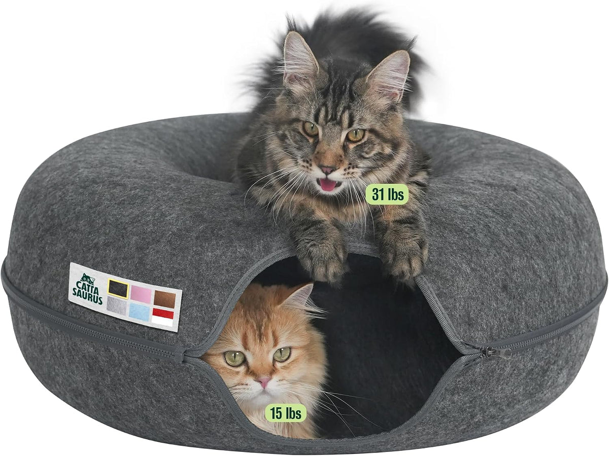 Peekaboo Cat Cave Donut for Multiple & Large Cats up to 30-45 lbs, 3-in-1 Self Warming Cat Bed, Tunnel & Scratcher for Indoor Cats, Washable & Detachable Small Dog Bed (Light Gray, Jumbo)