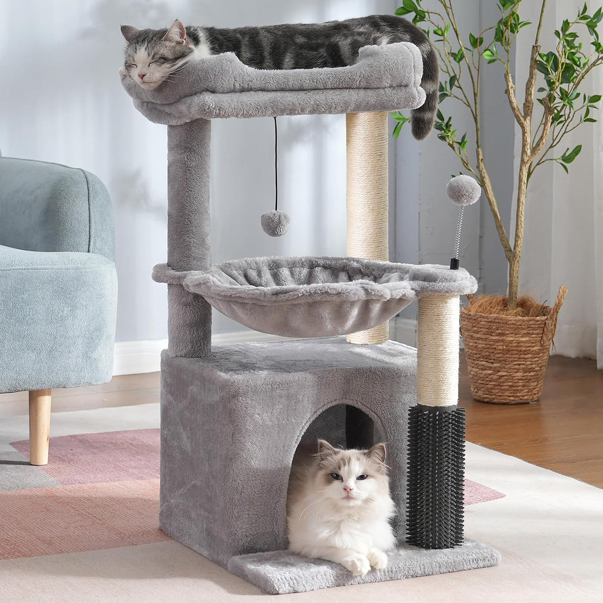 Cat Tree 32” Small Cat Tower with Large Hammock 16”& Self Groomer