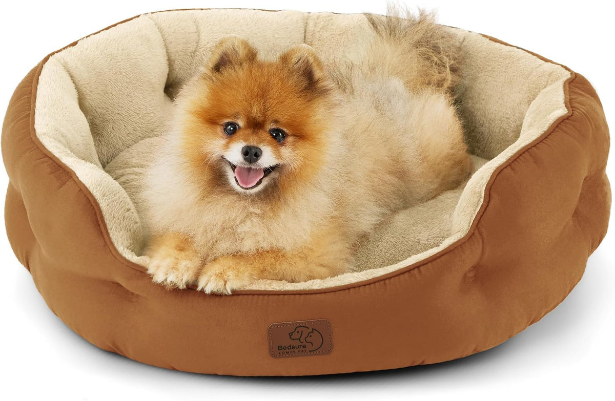 Bedsure Small Dog Bed Washable,Round Cat Beds for Indoor Cats,20in Camel