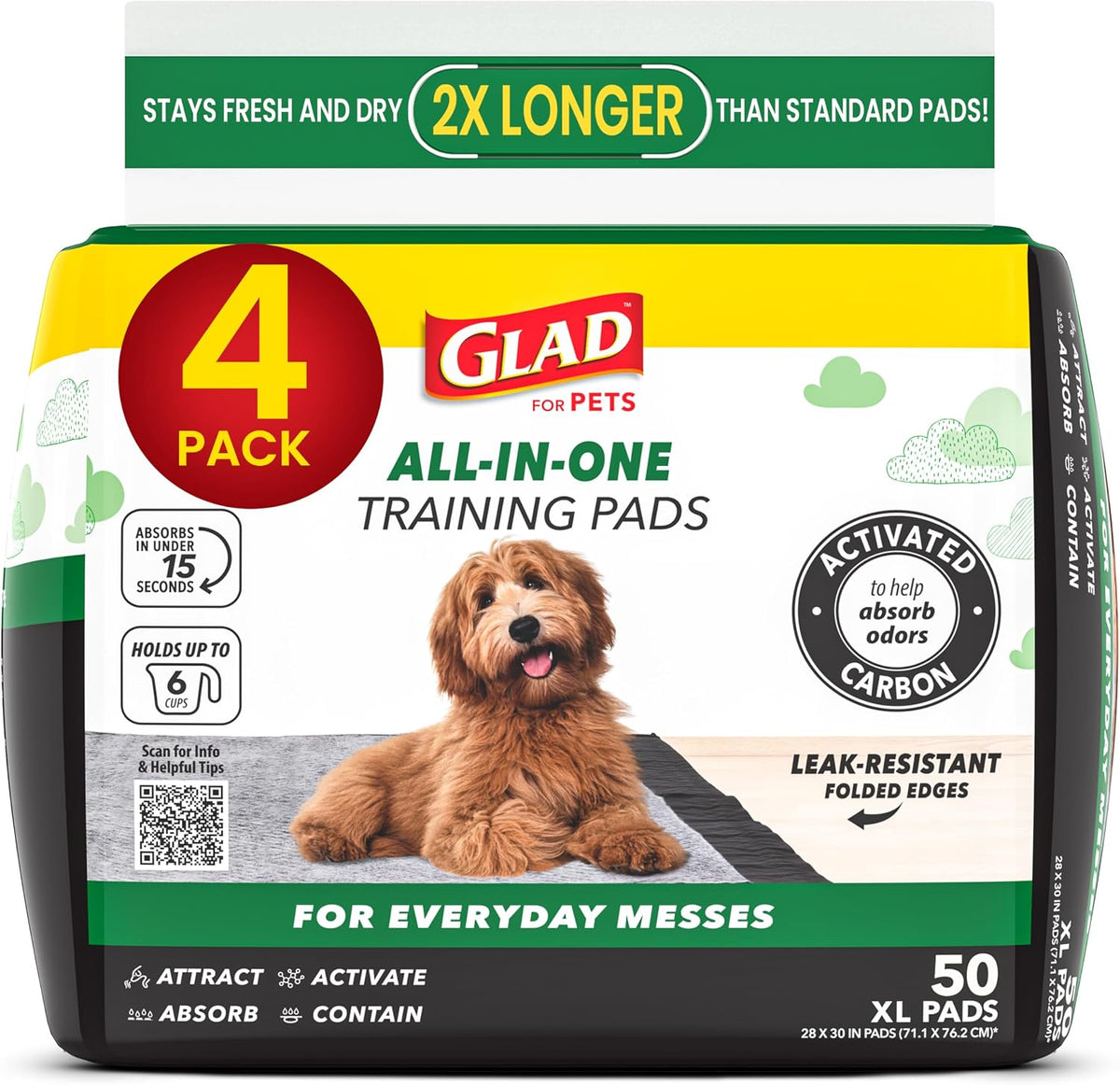 Glad for Pets Black Charcoal Puppy Pads - 6-Layer Leak-Proof Construction, Activated Carbon Odor Control, Pheromone Attractant - Disposable Dog Pee Pads for Potty Training, 23 x 23 in, 100 Count