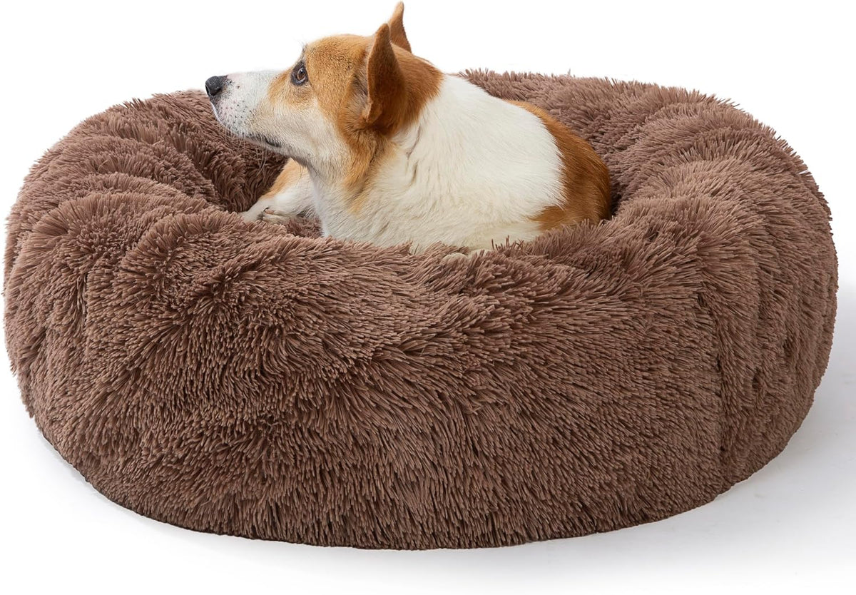 54 inches Calming Donut Dog Bed - 3X Durable Plush Faux Fur, Machine Washable & Non-Slip, Fits up to 210 lbs, Removable Cover, Dark Grey
