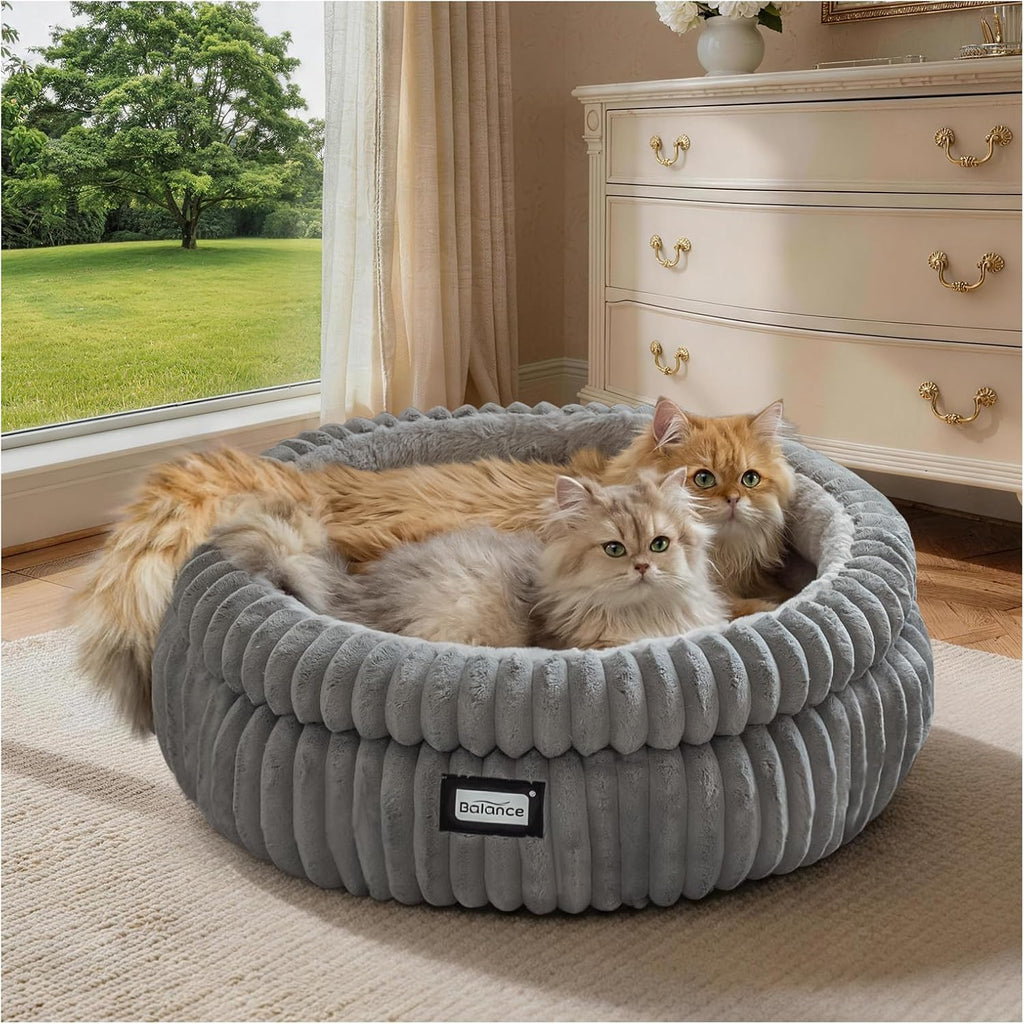 BALANCE Cat Bed Kitten Bed, Washable Round Cat Beds for Indoor Cats, Super Soft Plush Faux Fur Pet Bed for Puppy and Kitten with Anti-Slip Bottom