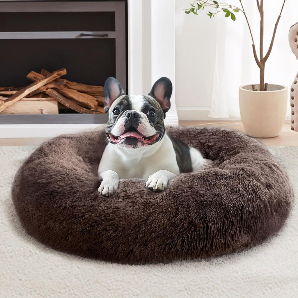 JOLLYVOGUE Calming Dog Bed Medium Size Dog, 31in Donut Washable Medium Pet Bed, Anti-Slip & Anti-Anxiety Fluffy Faux Fur Round Dogs Bed, Fits up to 45 lbs Pets (Smoke Grey)