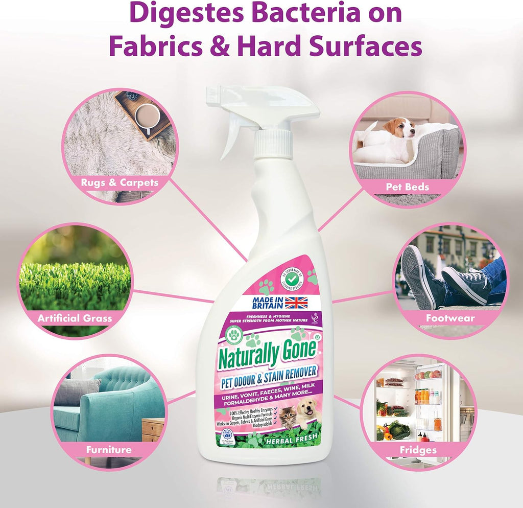 airpure NATURALLY GONE Pet Odour Eliminator, Heat Sealed Cap, Enzyme Cleaner Removes Smells and Stains, Cat Litter Freshener, Works on Urine, Vomit, Faeces and More - HERBAL FRESH Fragrance