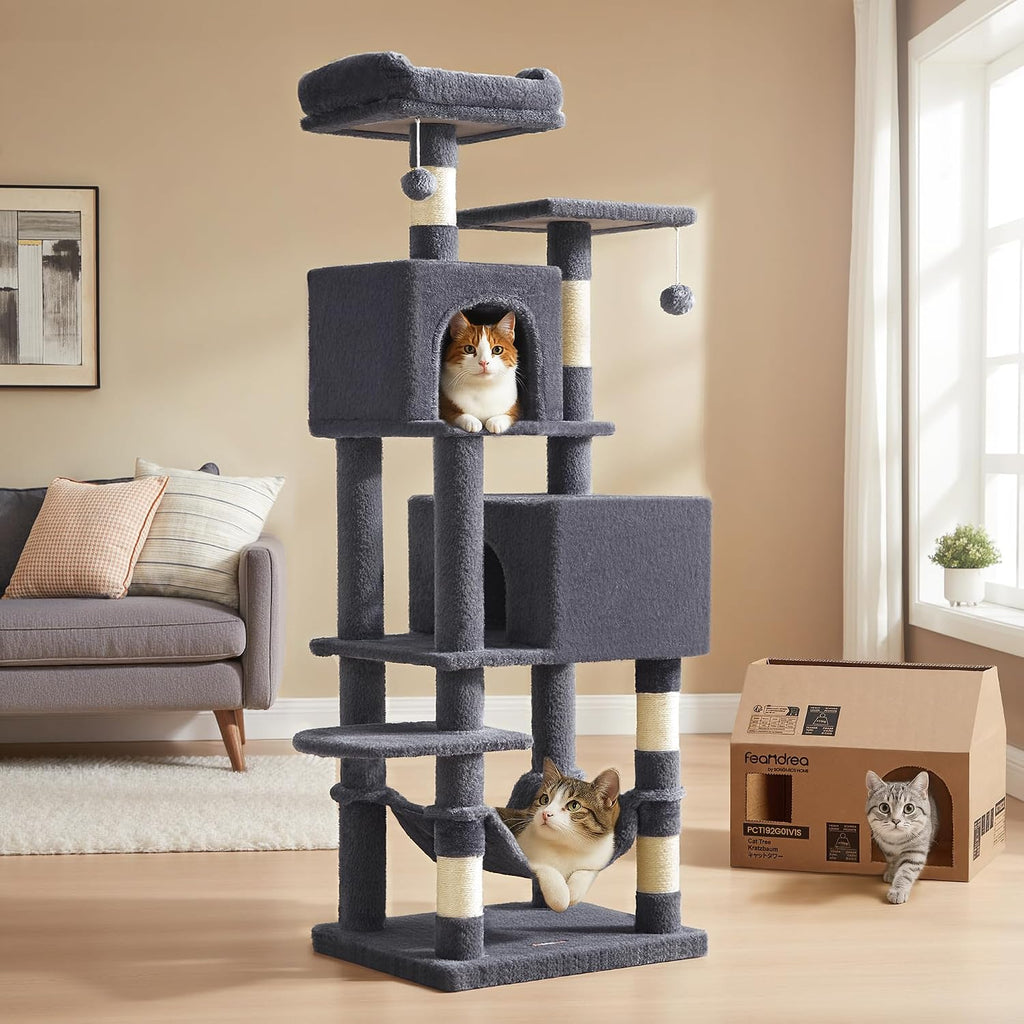 Feandrea Cat Tree, 59.5-Inch Tall Cat Tower, Multi-Level Condo, Light Gray