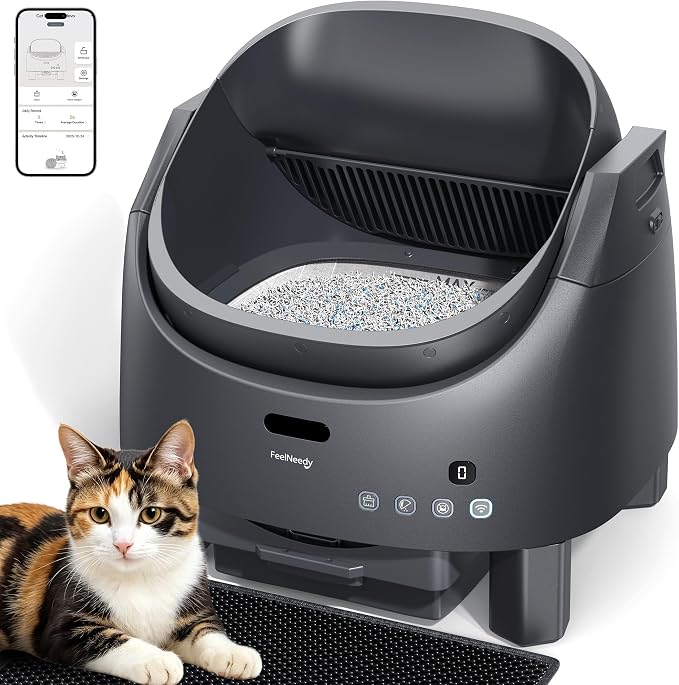 Automatic Litter Box Self Cleaning, FeelNeedy Open-Top Smart Cat Litter Box with App Control, Odor-Control Safety Sensor Design for Multiple Cats, with Waste Bags