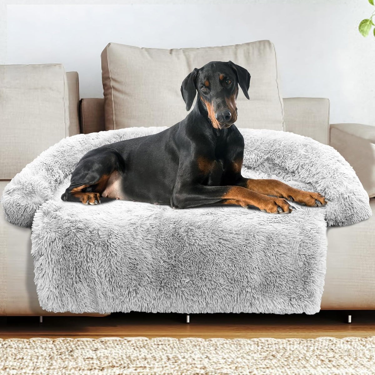 Calming Dog Bed Fluffy Plush Dog Mat for Furniture Protector with Removable Washable Cover for Large Medium Small Dogs and Cats (Large, Light Grey)