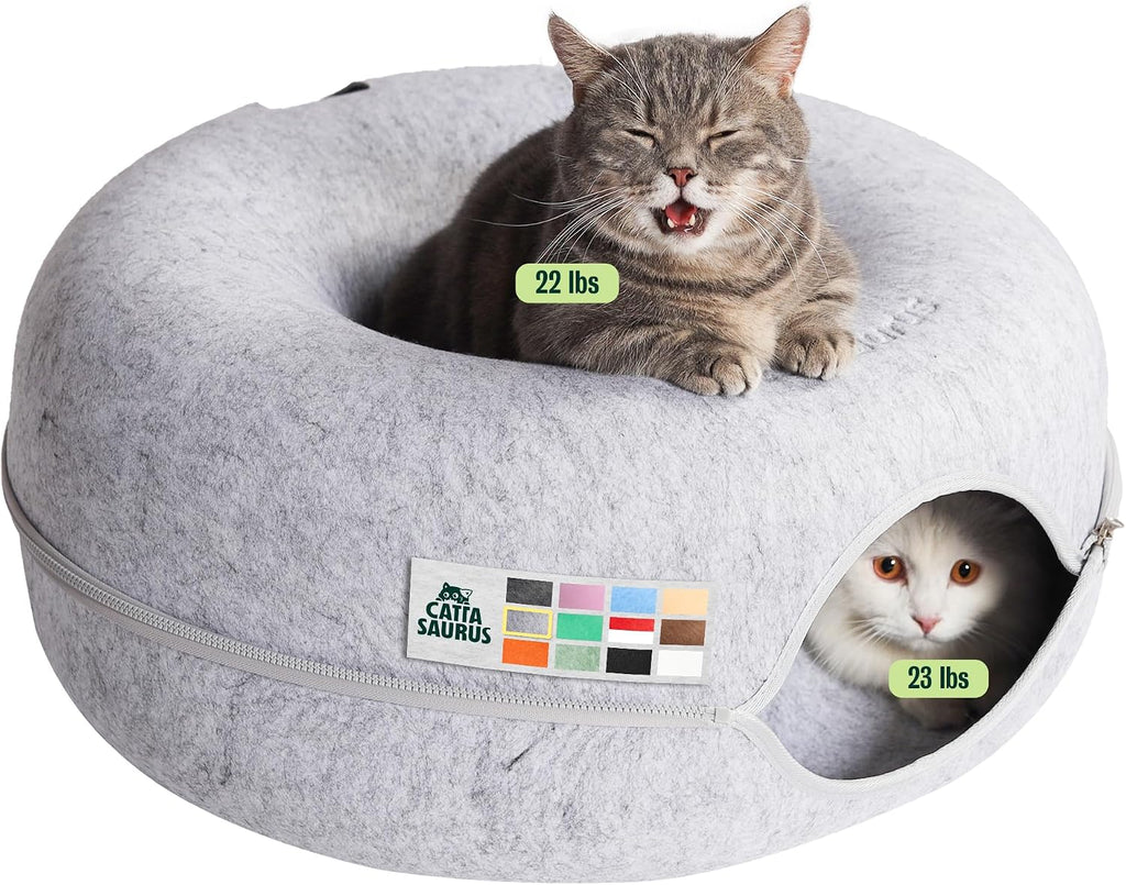 Peekaboo Cat Cave Donut for Multiple & Large Cats up to 30-45 lbs, 3-in-1 Self Warming Cat Bed, Tunnel & Scratcher for Indoor Cats, Washable & Detachable Small Dog Bed (Light Gray, Jumbo)
