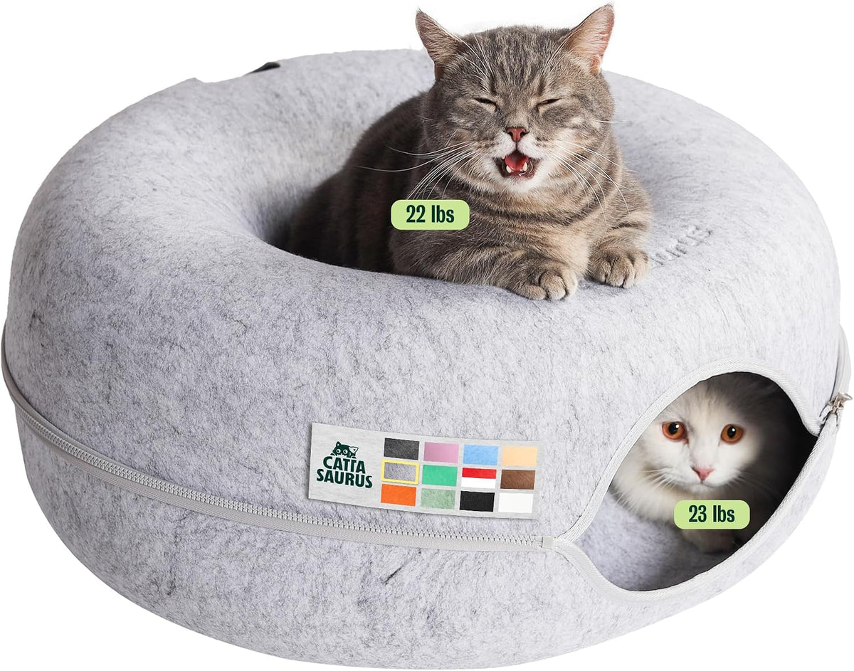 Peekaboo Cat Cave Donut for Multiple & Large Cats up to 30-45 lbs, 3-in-1 Self Warming Cat Bed, Tunnel & Scratcher for Indoor Cats, Washable & Detachable Small Dog Bed (Light Gray, Jumbo)