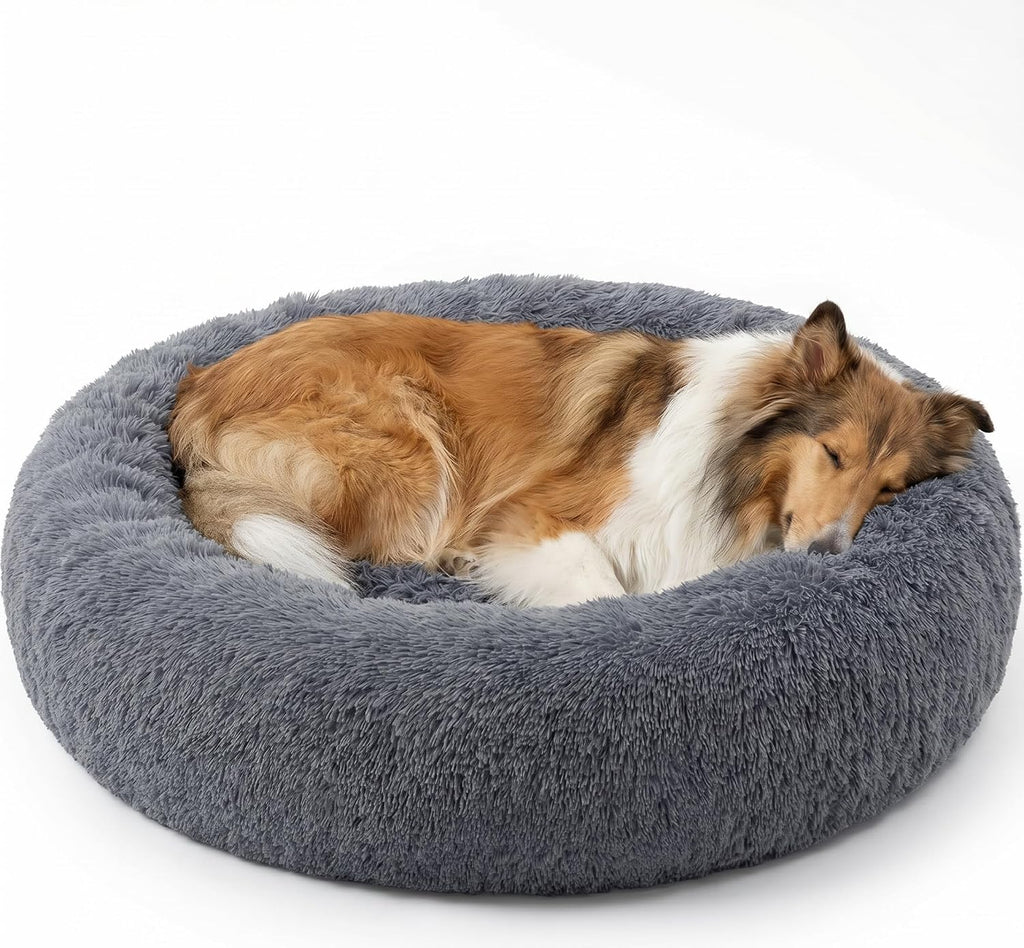 54 inches Calming Donut Dog Bed - 3X Durable Plush Faux Fur, Machine Washable & Non-Slip, Fits up to 210 lbs, Removable Cover, Dark Grey