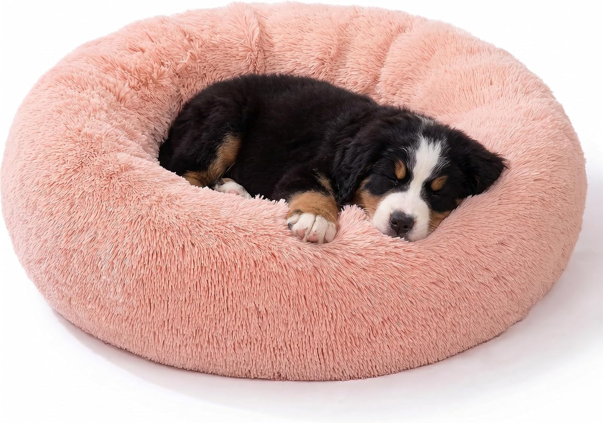 54 inches Calming Donut Dog Bed - 3X Durable Plush Faux Fur, Machine Washable & Non-Slip, Fits up to 210 lbs, Removable Cover, Dark Grey