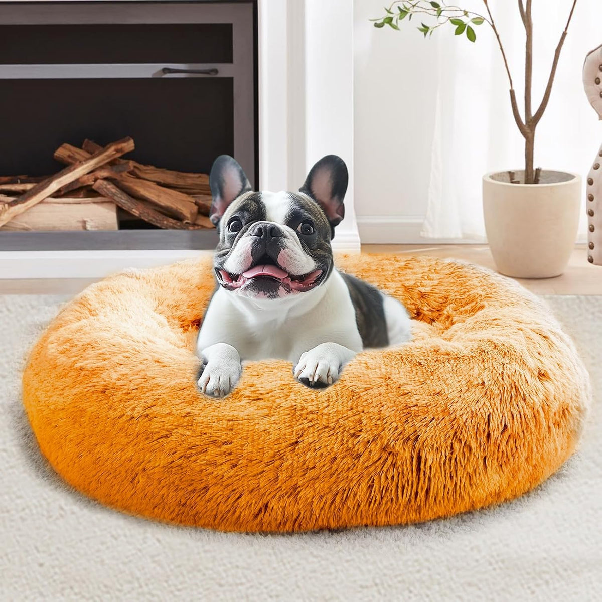 JOLLYVOGUE Calming Dog Bed Medium Size Dog, 31in Donut Washable Medium Pet Bed, Anti-Slip & Anti-Anxiety Fluffy Faux Fur Round Dogs Bed, Fits up to 45 lbs Pets (Smoke Grey)