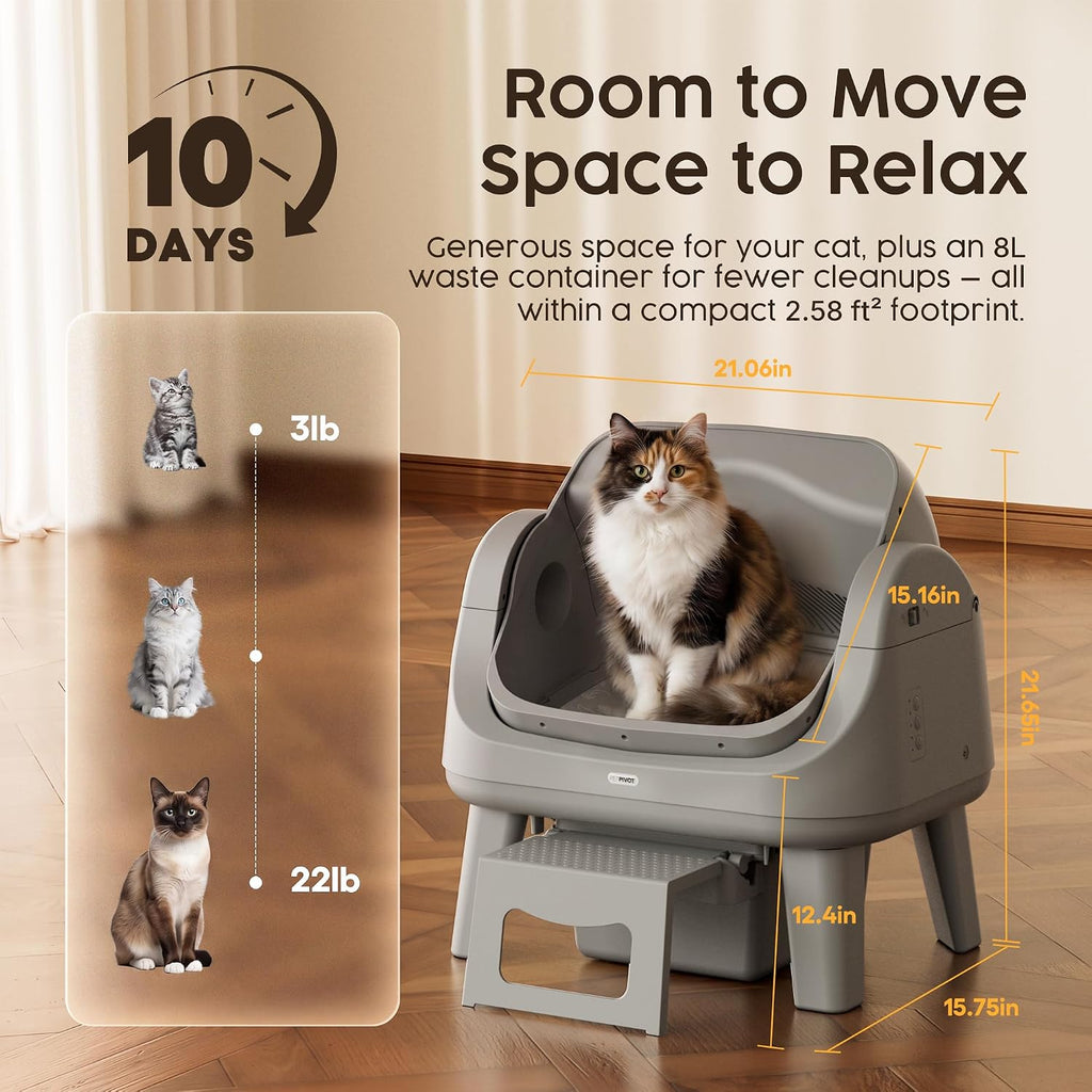 PetPivot Open Top Self Cleaning Cat Litter Box, Automatic Litter Box with 7 Pairs of Safety Sensors, Anti-Pinch Protection and Easy Access Step for Senior Cats, Dark Grey