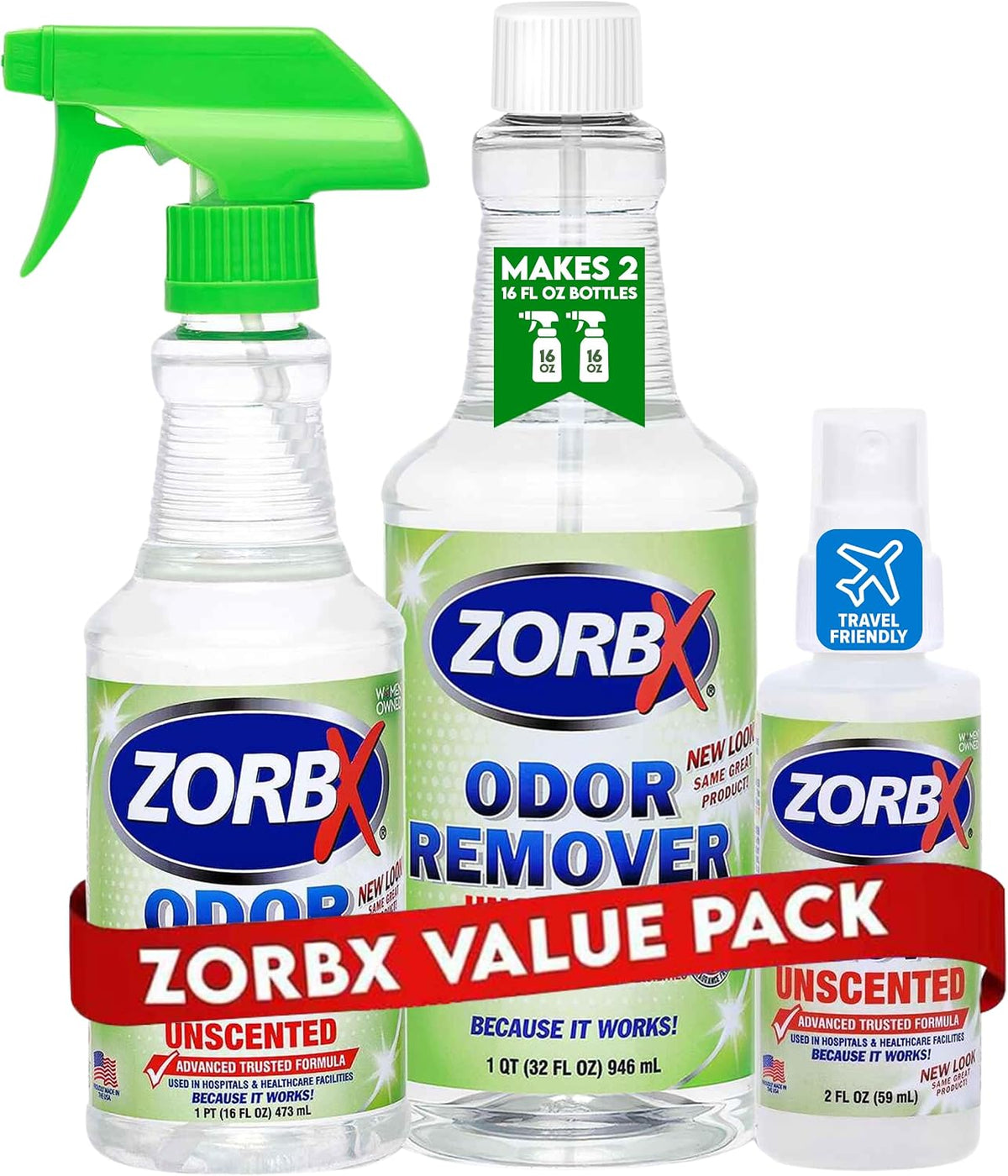 ZORBX Unscented Odor Remover Spray 2 Oz 24-Pack, Bulk, Hospital-Grade