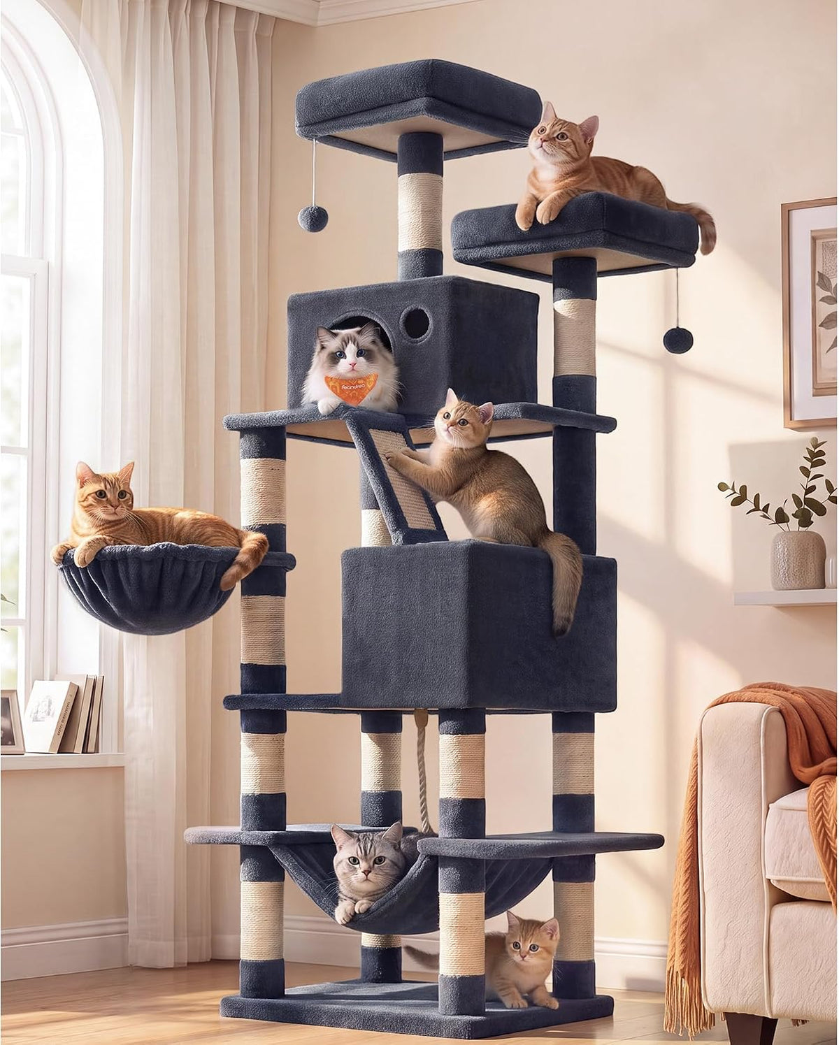 Feandrea Cat Tree, 81.1-Inch Large Cat Tower, Multi-Level Condo, Smoky Gray