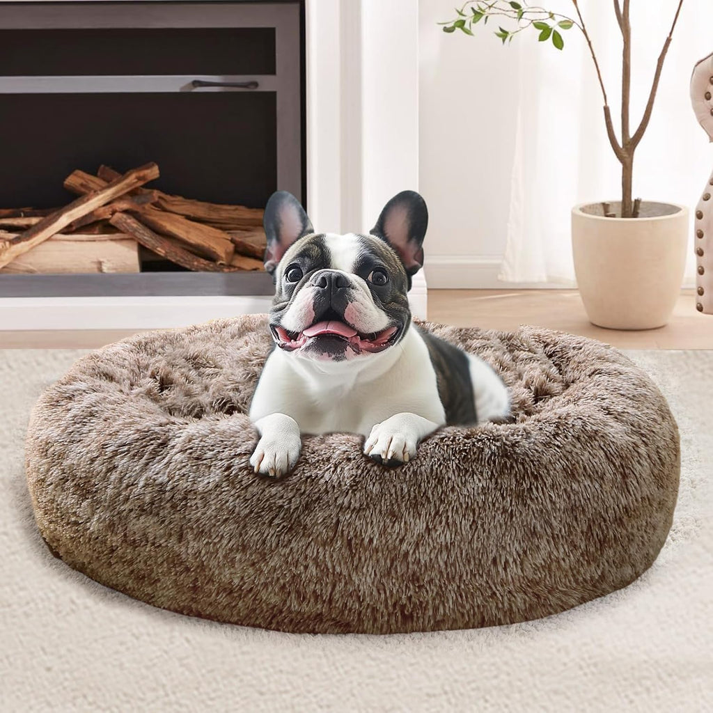 JOLLYVOGUE Calming Dog Bed Medium Size Dog, 31in Donut Washable Medium Pet Bed, Anti-Slip & Anti-Anxiety Fluffy Faux Fur Round Dogs Bed, Fits up to 45 lbs Pets (Smoke Grey)