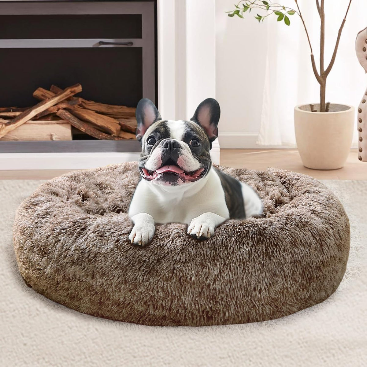 JOLLYVOGUE Calming Dog Bed Medium Size Dog, 31in Donut Washable Medium Pet Bed, Anti-Slip & Anti-Anxiety Fluffy Faux Fur Round Dogs Bed, Fits up to 45 lbs Pets (Smoke Grey)