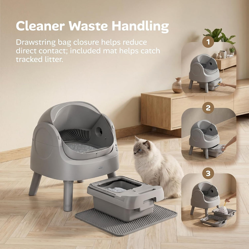 Mimfam Automatic Self Cleaning Litter Box, with 4 Pairs Infrared Senor, Open-Top Design for Multi-Cat Homes, Comes with Liner Bags and Cat Litter Mat, Grey