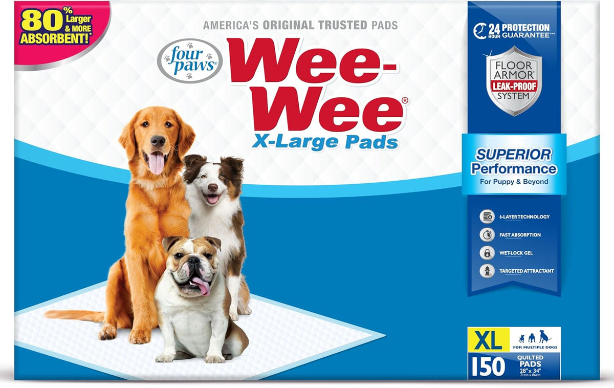 Four Paws Wee-Wee Superior Performance Extra Large Pee Pads for Dogs with Runoff Barrier Edge Guard Protection, Puppy & Dog Potty Training Pads, Housebreaking Supplies, 28" x 34" (40Count)