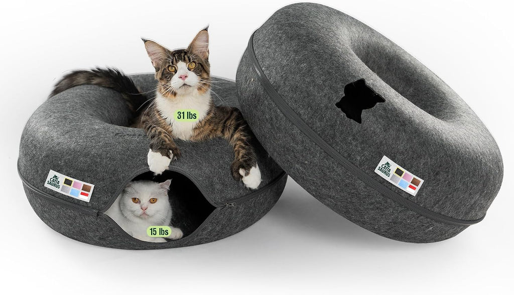 Peekaboo Cat Cave Donut for Multiple & Large Cats up to 30-45 lbs, 3-in-1 Self Warming Cat Bed, Tunnel & Scratcher for Indoor Cats, Washable & Detachable Small Dog Bed (Light Gray, Jumbo)